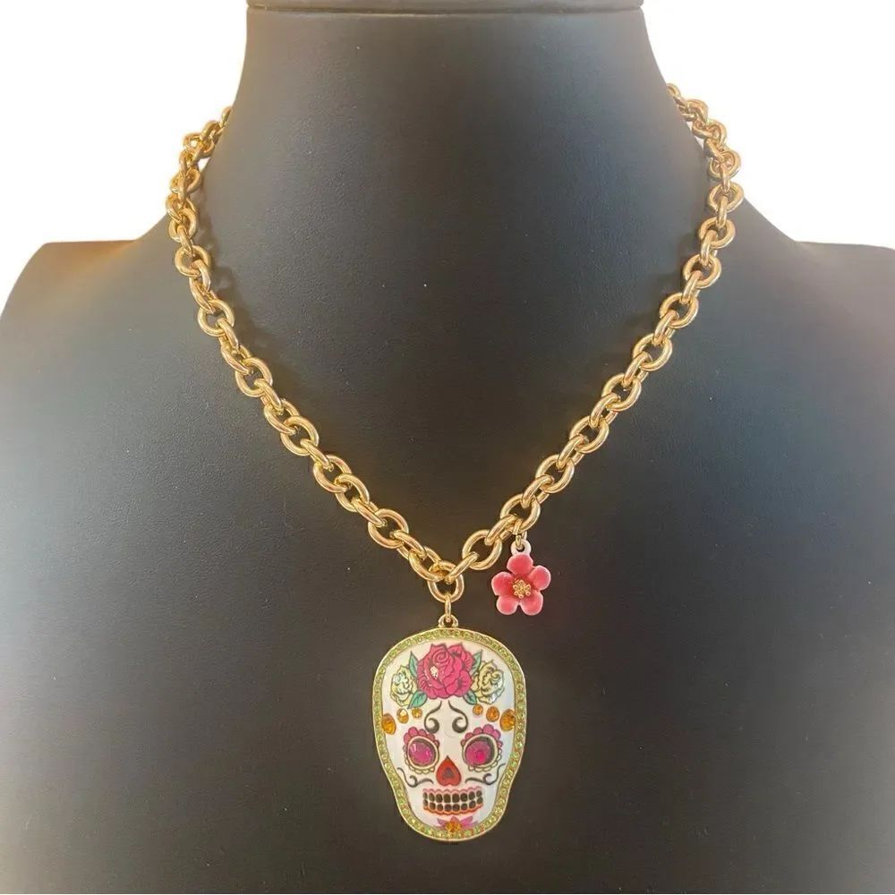 Betsy Johnson Sparkly Jeweled Sugar Skull Pendant on Chunky Gold Toned Chain.